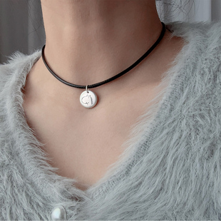 新款加大版足银999小马圆牌项链女款纯银黑色choker颈链简约项圈