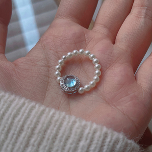 轻奢天然海蓝宝纯银珍珠戒指女小众设计高级感食指戒子新款冷淡风