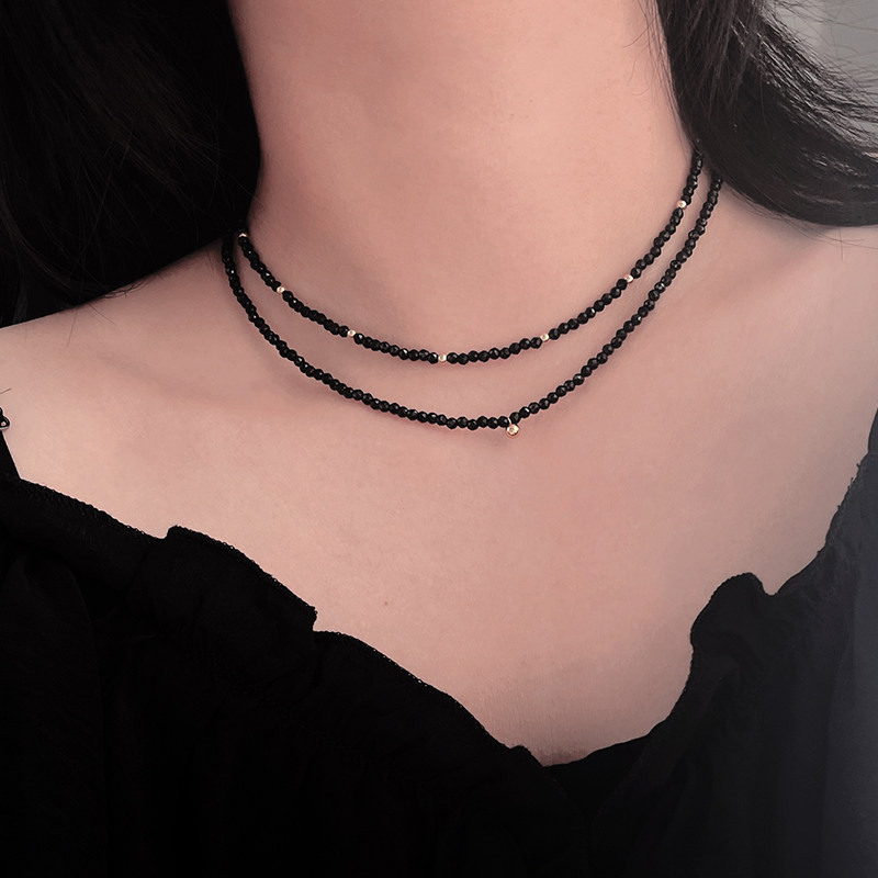 高级感14k包金黑色尖晶石项链女款2026新款小金豆锁骨链轻奢小众