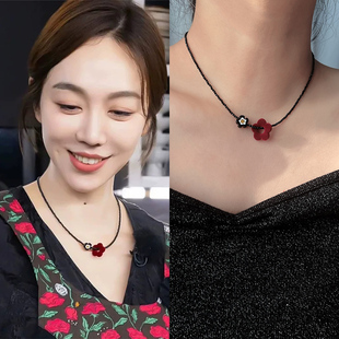 S925纯银姜妍明星同款天然黑色尖晶石花朵项链女款串珠锁骨链气质