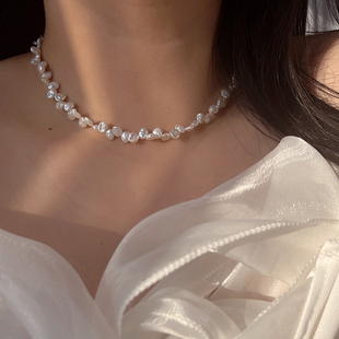 精品强光天然碎银子巴洛克小花瓣珍珠项链轻奢小众锁骨链女高级感