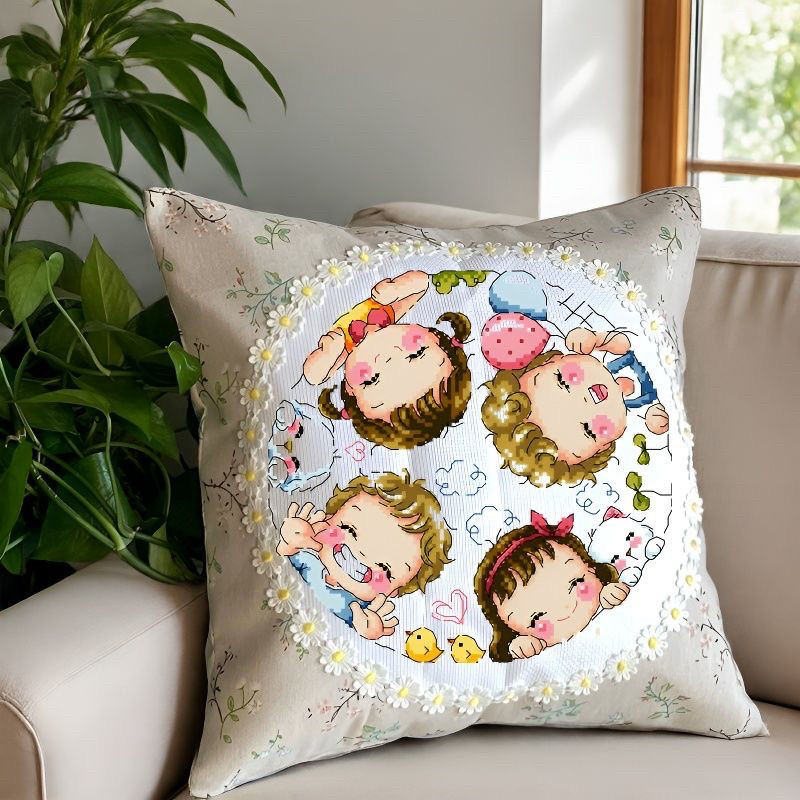 纯手工成品卡通人物动物花草十字绣抱枕清新亚麻布雏菊花边圆形图,居家布艺,十字绣成品,淘宝优惠券,粉丝福利购,淘宝优惠卷