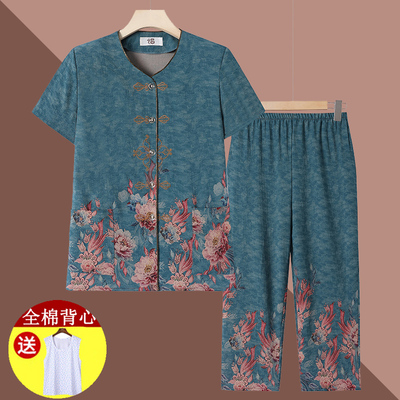 圆领花色洋气套装奶奶夏装衣服