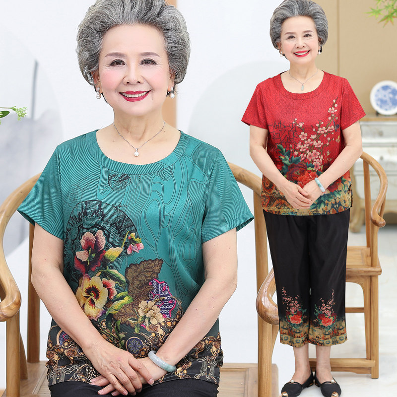 奶奶装中老年人女装春夏装套装圆领仿真丝短袖两件套太太老人衣服