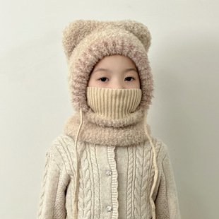 儿童毛线针织帽女童男童秋冬围脖一体连帽宝宝防风护耳保暖套头帽