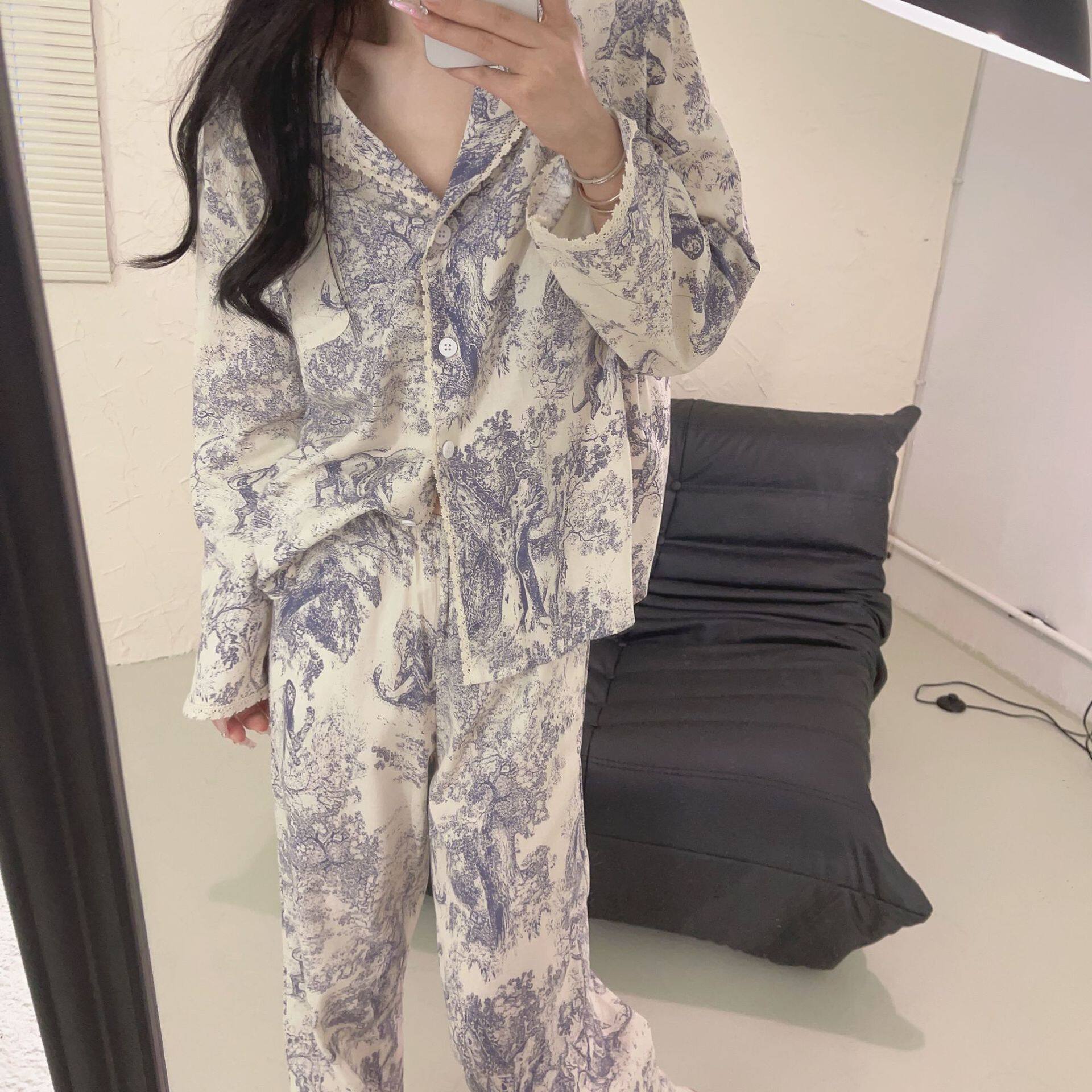 【棉麻虎】大牌高级感家居服春秋花边女长袖伦敦迷雾印花睡衣套装