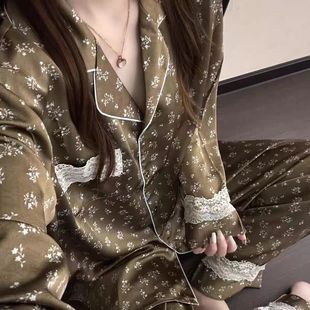【花落梦夕】法式复古冰丝睡衣轻奢高级感甜美蕾丝长袖长裤家居服