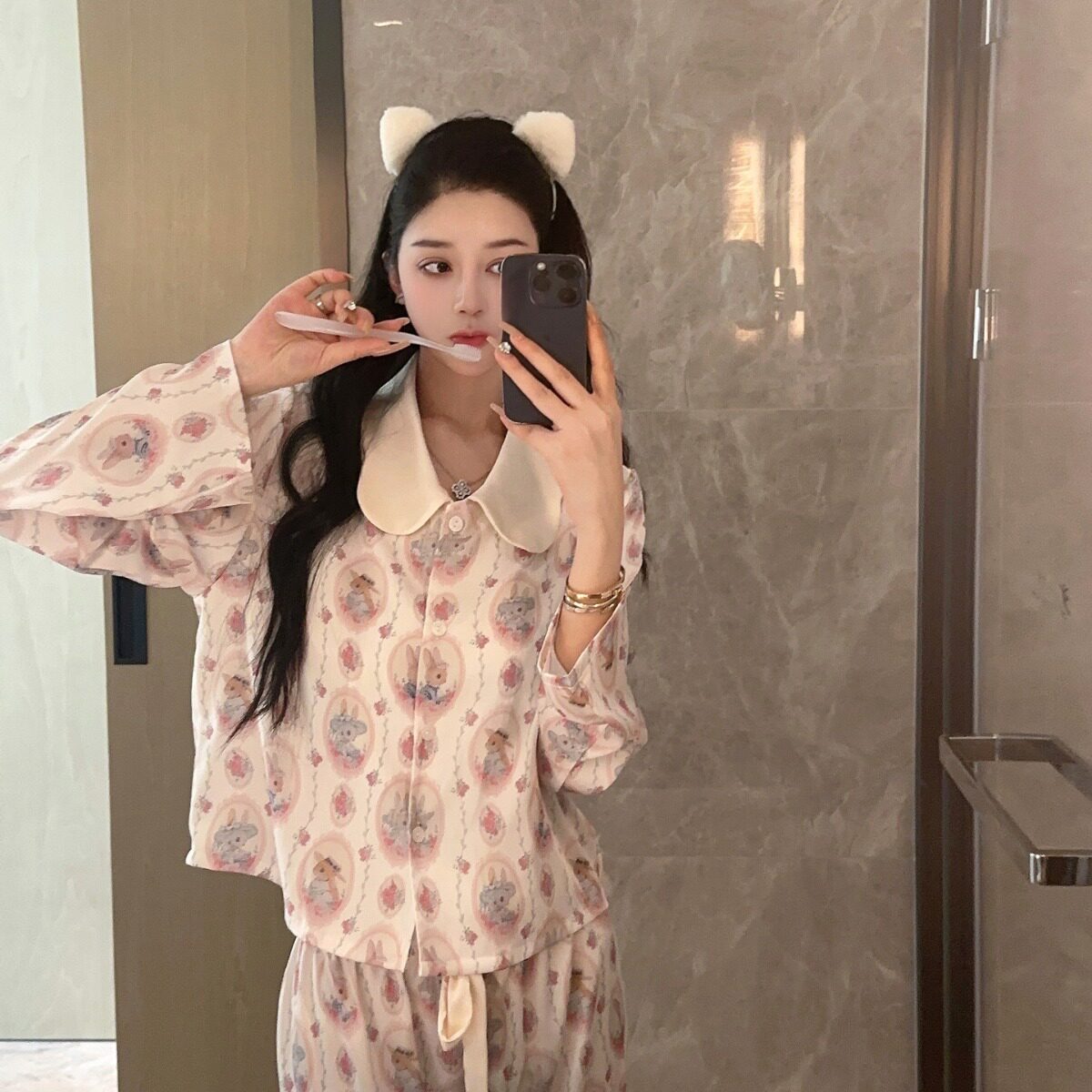 【兔铃杳杳】轻奢甜美睡衣少女冰丝长袖长裤仿真丝可爱家居服套装
