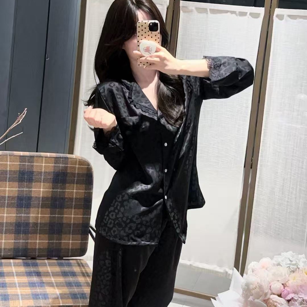 【暗夜豹纹】2026夏季新豹纹蕾丝花边高级感长袖长裤家居服睡衣女