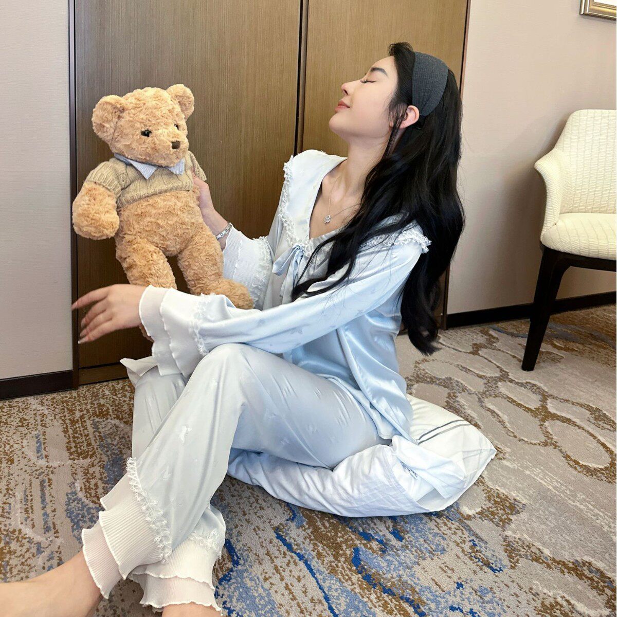 【海蝶冰茶】法式夏季冰丝薄高级感甜美睡衣蝴蝶提花家居服套装女
