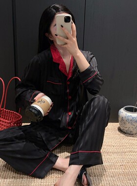 【寂静之岭】新款黑色拼接条纹男女情侣睡衣高级感可外穿休闲套装