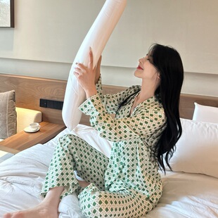 长裤 睡衣冰丝女高级感气质设计长袖 春秋新款 家居服 薄荷冰格