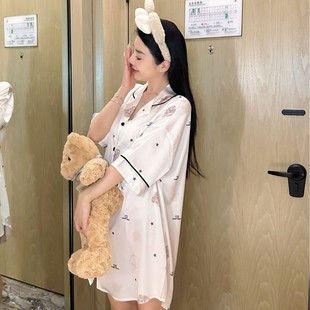 卡通小熊冰丝睡裙高级感薄款 新款 呆头萌熊 睡衣家居服女 春夏季