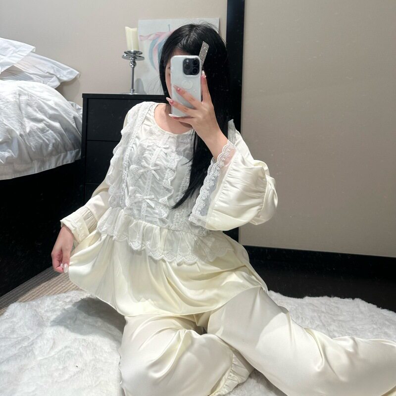 【娇养千金】春秋季新款缎面圆领蕾丝复古宫廷公主睡衣冰丝家居服