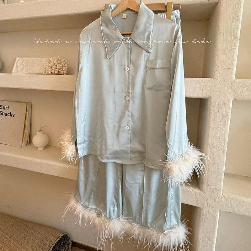 高级感法式蓝色缎面鸵鸟毛睡衣女春秋季新款羽毛长袖家居服套装