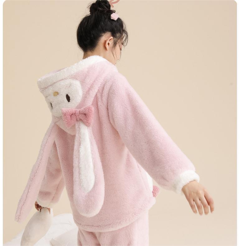 粉色小兔子耳朵睡衣好品质连帽秋冬季保暖加厚女珊瑚绒套装家居服