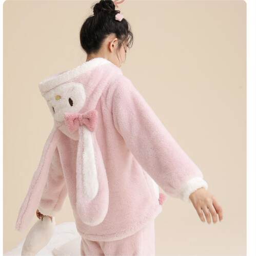 粉色兔子睡衣秋冬季连帽珊瑚绒女