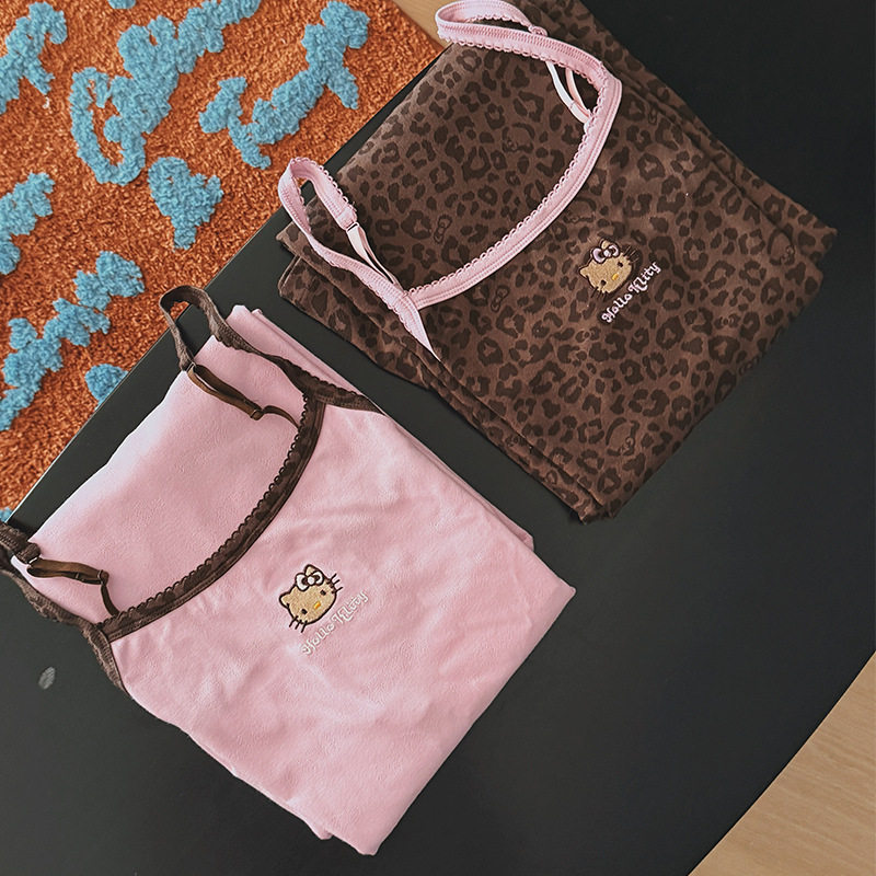 kitty吊带长裙KT针织棉睡裙豹纹印花睡衣女秋季新款家居服甜美