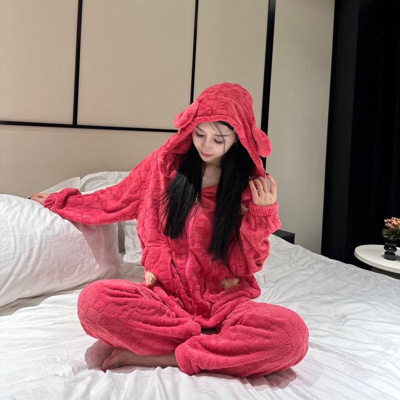【绒趣暖熊】法兰绒秋冬季睡衣女连帽开衫甜美可爱少女长袖套装