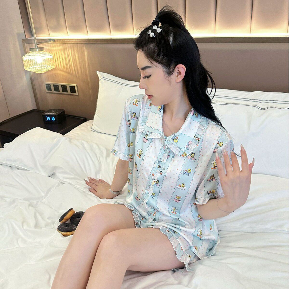 【甜心黄鸭】ins风碎花翠迪仿真丝短袖睡衣甜美荷叶边少女居家服