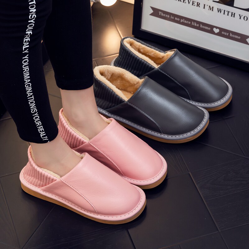 真皮棉拖鞋女包跟厚底带后跟冬季家居家用室内情侣男防滑防水保暖