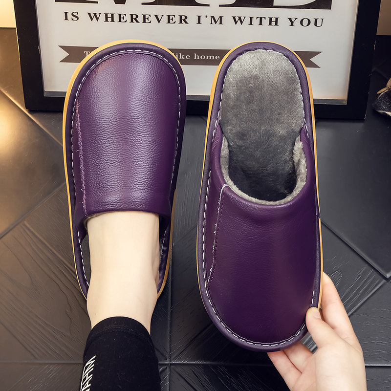 室内冬季老人棉拖鞋牛皮防滑软底