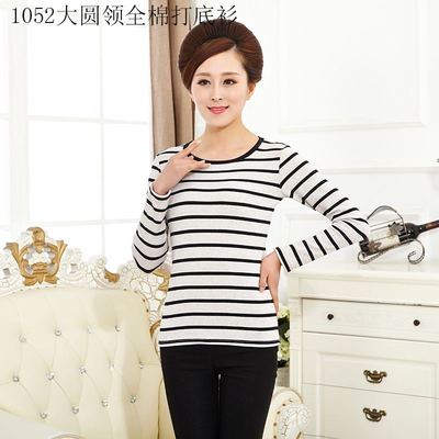 妈妈装女条纹全棉打底衫圆领内衣