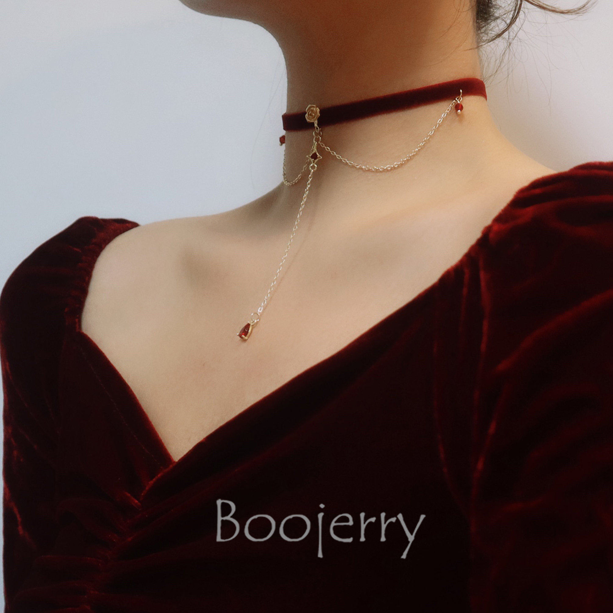 晶家新款深爱的心锆石流苏包金丝绒黑色学生choker项链颈饰项圈