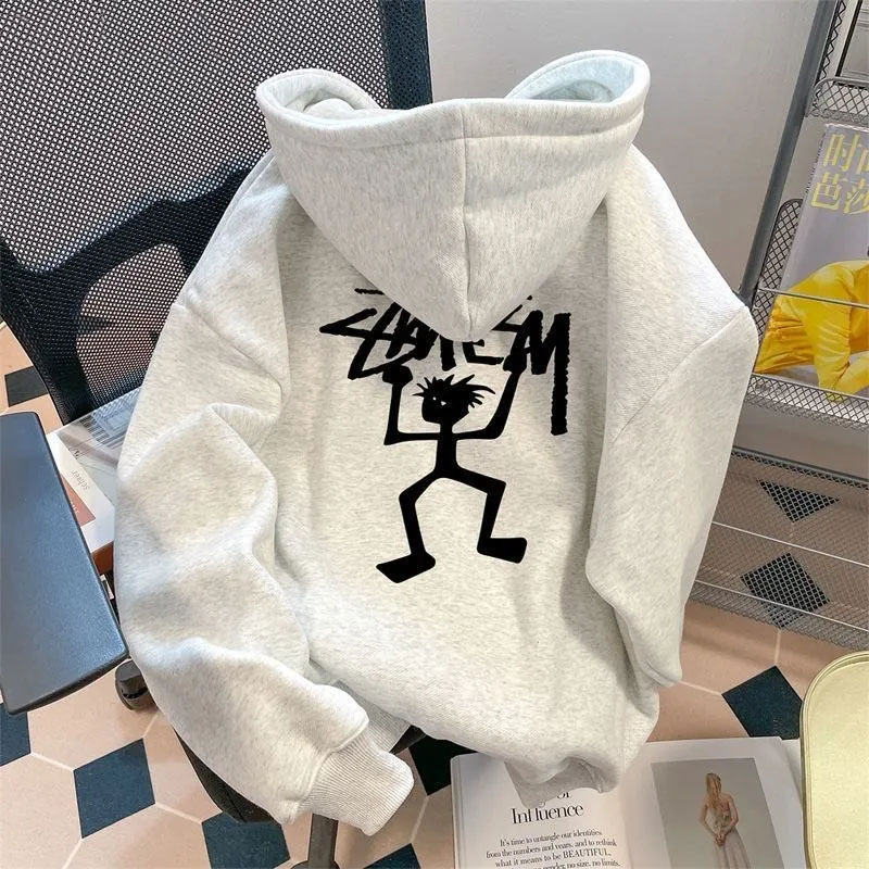 纯棉卫衣男重磅美式抽象潮流时尚上衣线条火柴人印花连帽秋冬高街