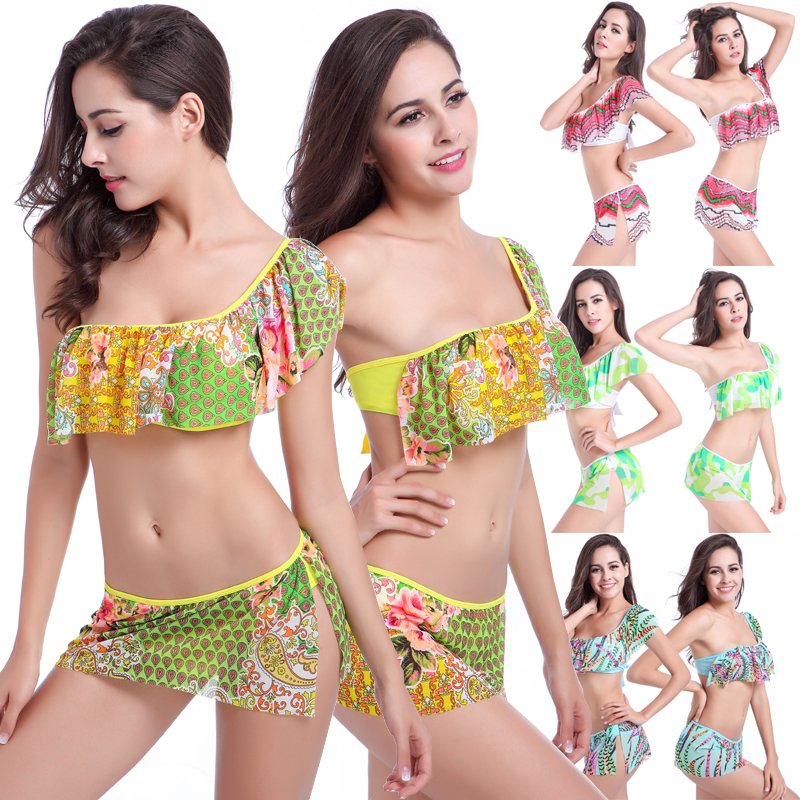 分体两件套泳衣2025品质荷叶边网纱层单肩比基尼舒适透气女泳装