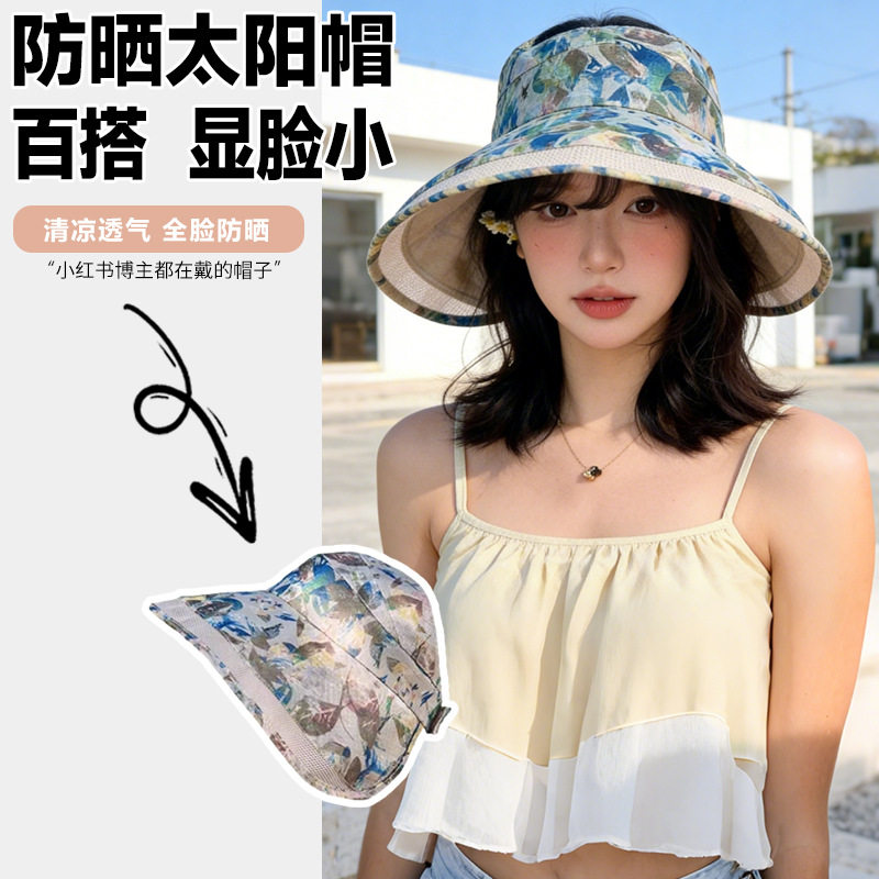 防晒遮阳帽女夏季户外大檐空顶帽中老年妈妈防紫外线可折叠太阳帽