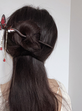 红色深蓝色蝴蝶流苏黑檀木发簪 梦幻灵动中式盘发簪头饰小众个性