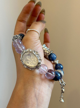 天然紫水晶手链女生魔盒大颗粒蓝晶石小众原创水晶白贝串珠链