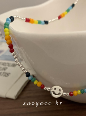S925纯银吊坠彩虹多巴胺串珠项链女夏天甜美风彩色笑脸锁骨配饰