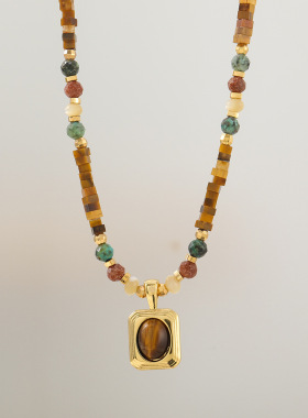 中古方糖虎眼石吊坠手工串珠非洲松项链原创复古毛衣链新款