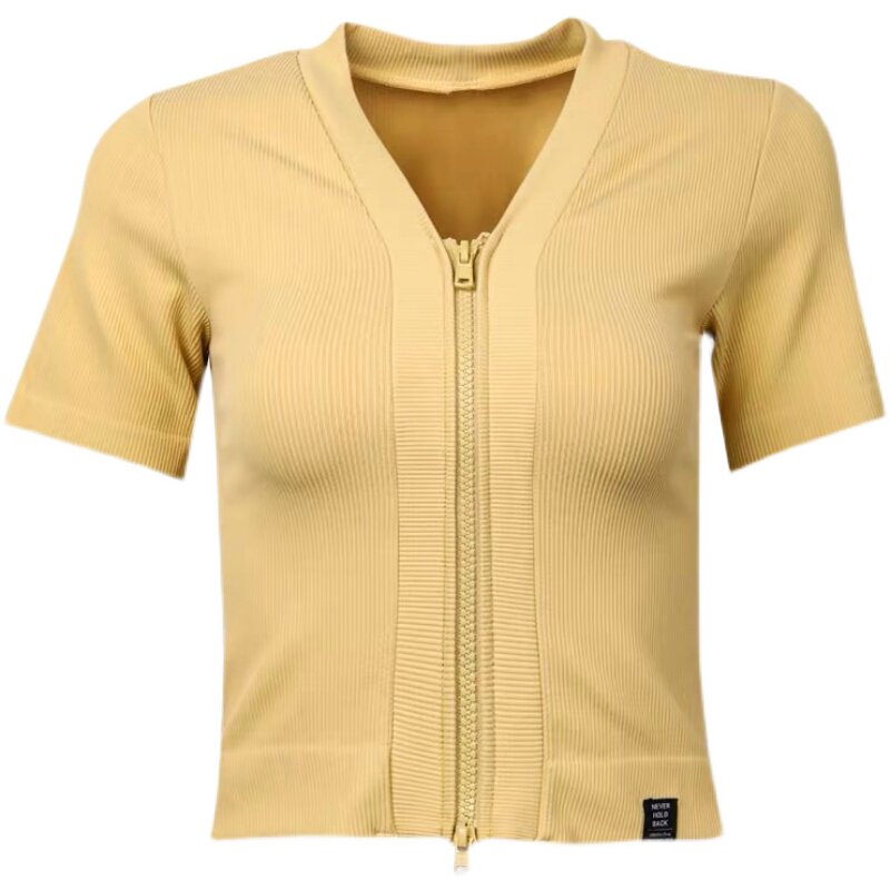 REYNA KNITTED ZIP-UP GYM SHORT-SLEEVED CARDIGAN V-NECK CHEST PADS GATHERED SHOCKPROOF CROPPED CROPPED CROPPED CROPPED YOGA RUNNING TRAINING