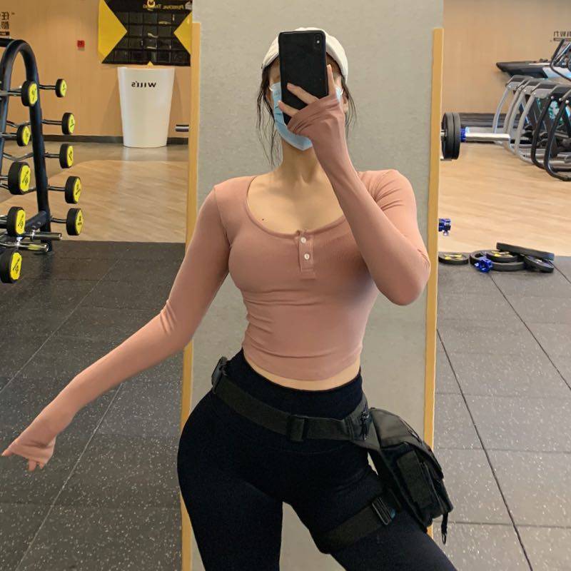 REYNA INTERNET CELEBRITY SPORTS TOP WOMENS CROPPED CROP TOP TIGHT FAST DRY BIG U NECK YOGA GYM SUIT RUNNING LONG SLEEVE T