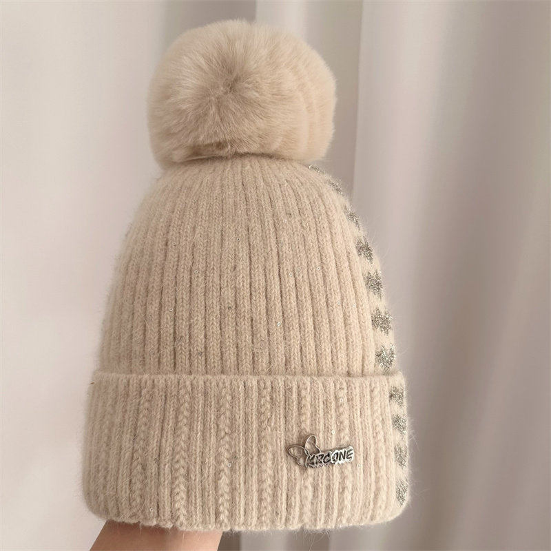 2023新款秋冬加绒毛球毛线帽子女兔毛混纺洋气百搭加厚套头针织帽