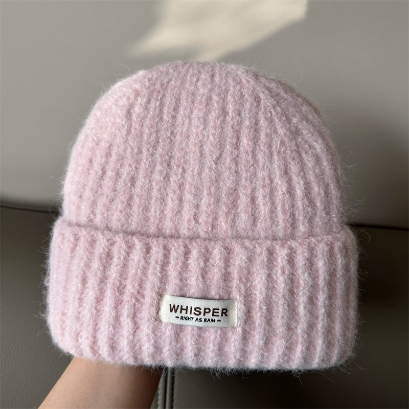 韩版宽松毛线帽子女秋冬保暖护耳羊毛针织帽百搭贴布字母套头帽