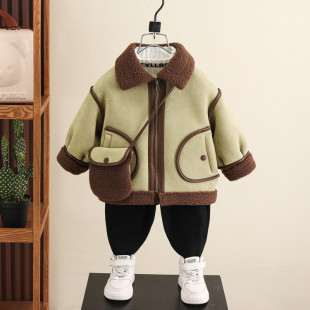 男童加绒加厚羊羔毛外套冬季翻领拉链皮毛一体休闲夹克麂皮绒上衣