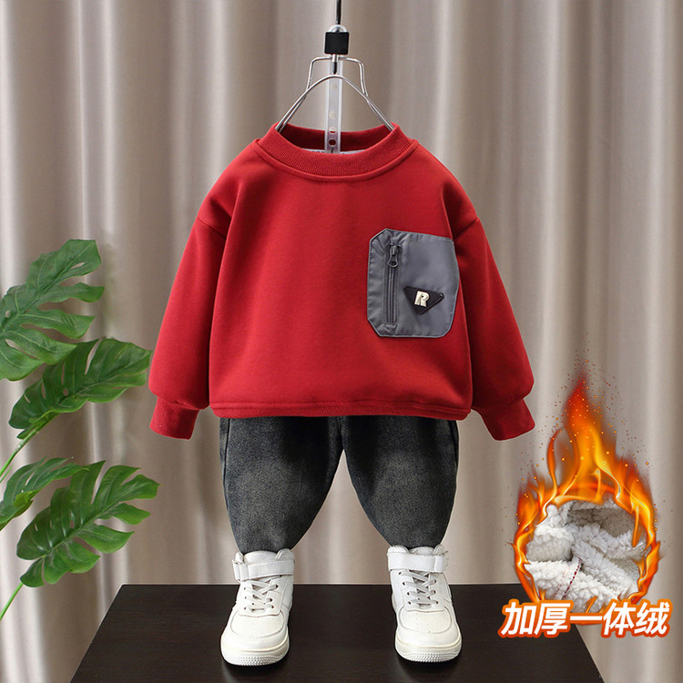 男童秋冬装贴标加绒卫衣中大童宽松圆领休闲上衣一体绒保暖套头衫