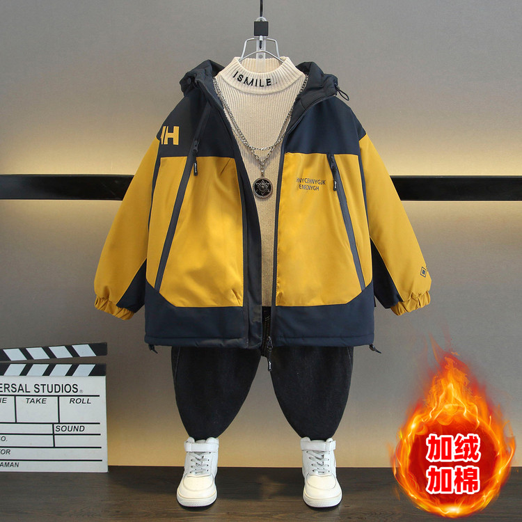 男童冬季加厚加绒冲锋衣外套中大童连帽拼色户外运动棉服保暧棉衣