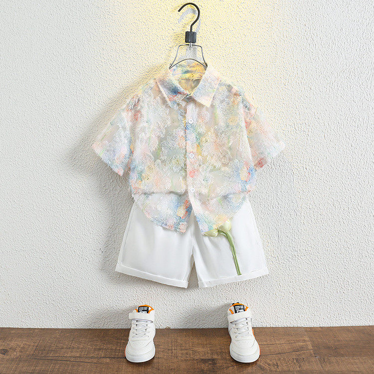 男童夏装碎花衬衫套装中大童洋气度假风短袖衬衣白色短裤两件套潮