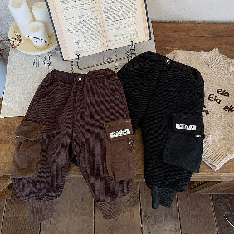 儿童夹棉灯芯绒工装裤男童加厚保暖棉裤中大童冬季多口袋休闲长裤