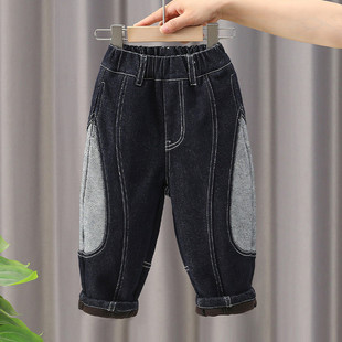 保暧宽松休闲裤 儿童加绒牛仔裤 秋冬季 男童拼接一体绒长裤 子 老爹裤