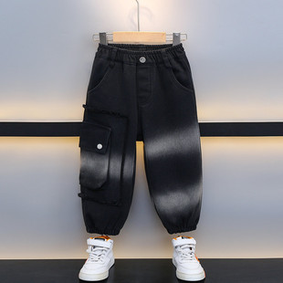 秋冬男童加绒工装裤一体绒牛仔裤黑色宽松束脚裤中童扎染休闲长裤
