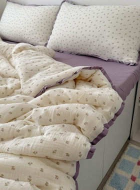 A类抗菌全棉皱皱纱春秋被子 紫色小樱桃亲肤纯棉可机洗空调被双人