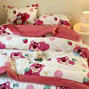 草莓熊被子双面绒可机洗一体豆豆被2024春秋冬季被芯冬被成人单人