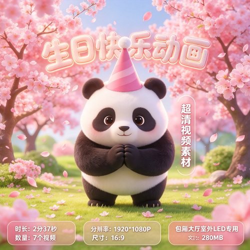 生日快乐素材熊猫卡通动画视频LED显示屏制作VJ素材大屏显示