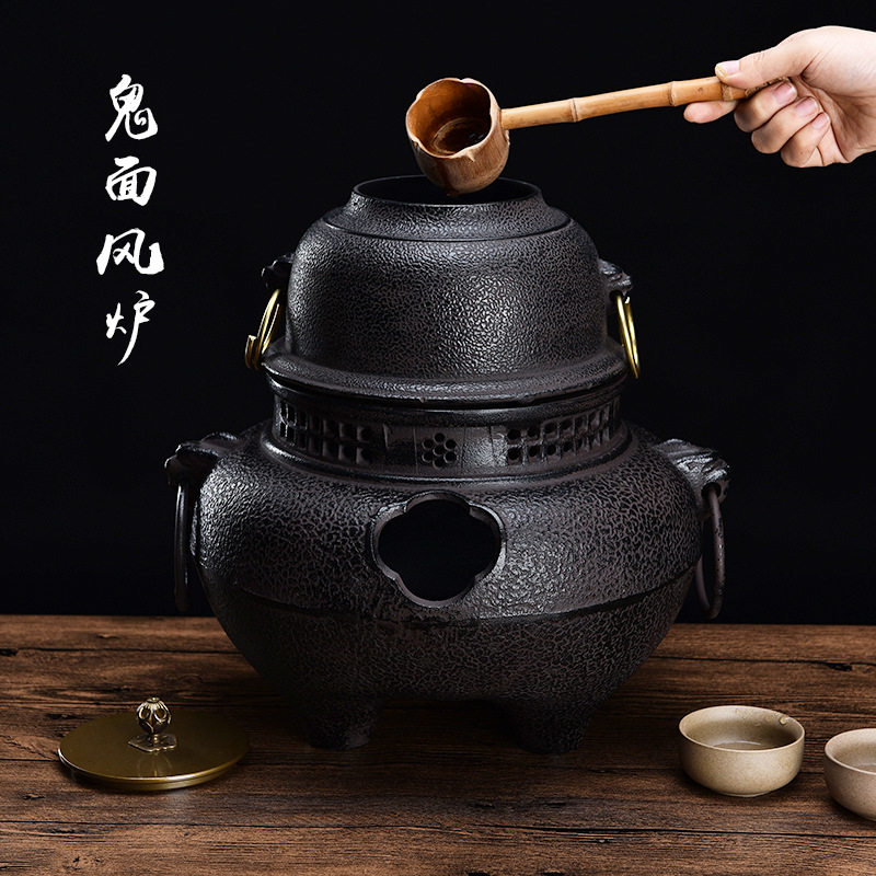 煮茶器鬼面风炉铸铁炉炭火木炭炉铁壶 煮茶炉日本茶道唐代煎茶